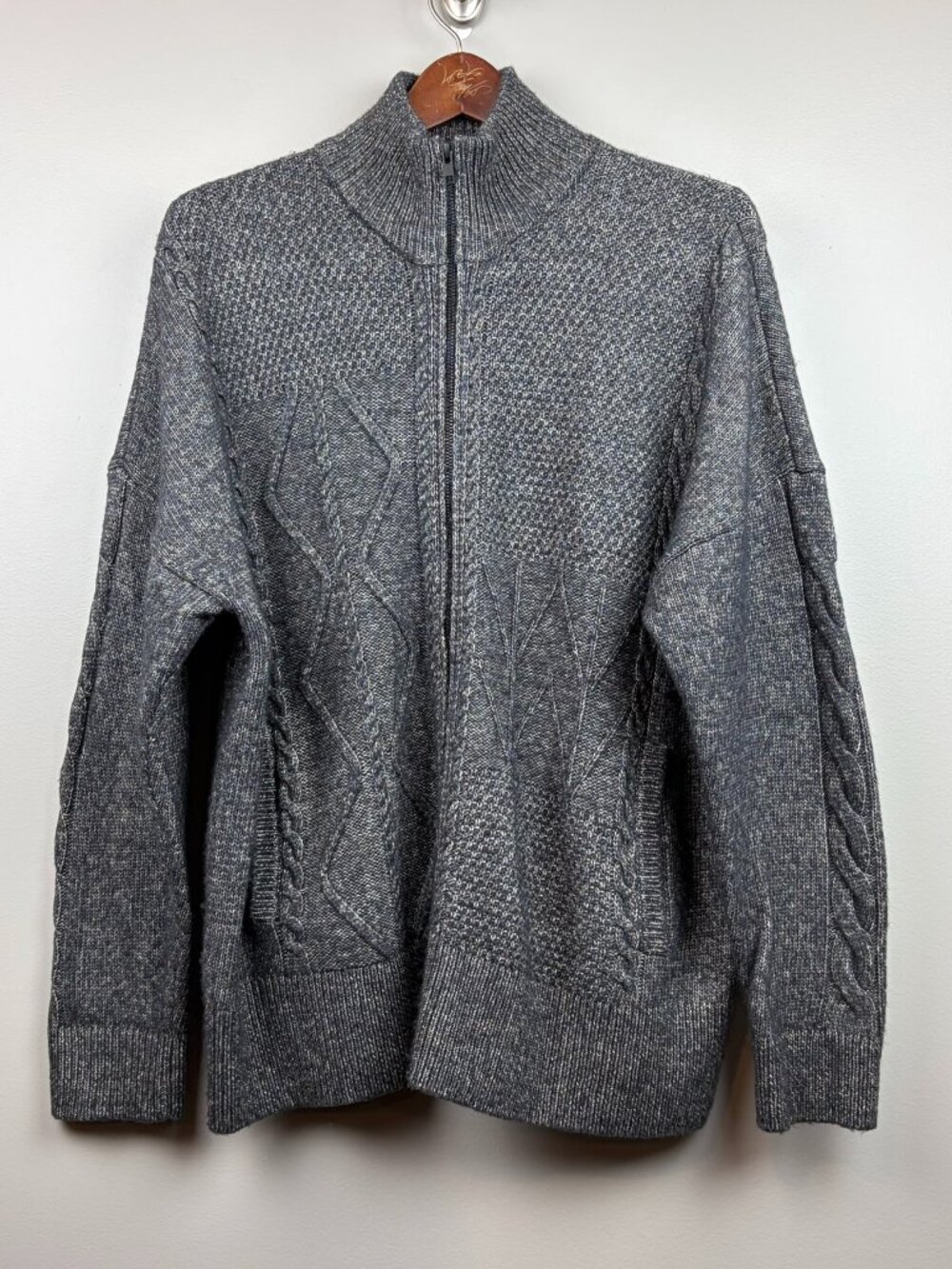 CAbi Cable Zip It Cardigan Chunky Mixed-Stitch Knit in Grey Size Large